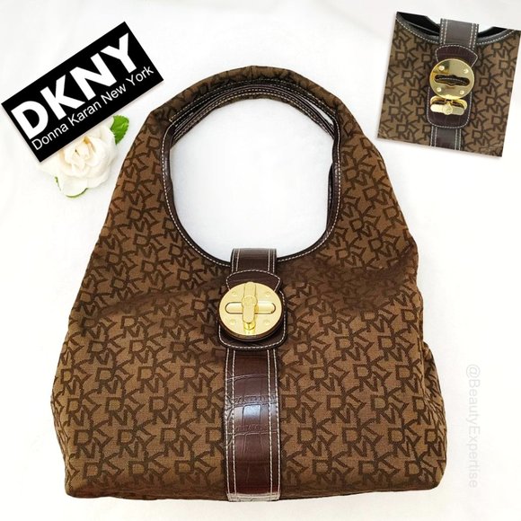 DKNY Brown Hobo Bag Monogram Jacquard Gold Buckle Turnlock Flap Shoulder… - Picture 3 of 13